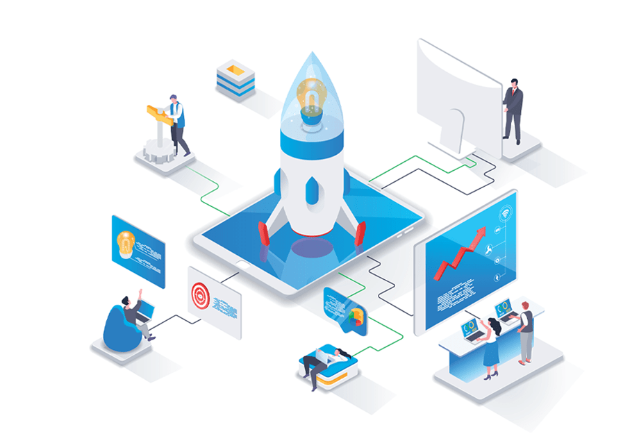 graphic with rocket and people, representing growth